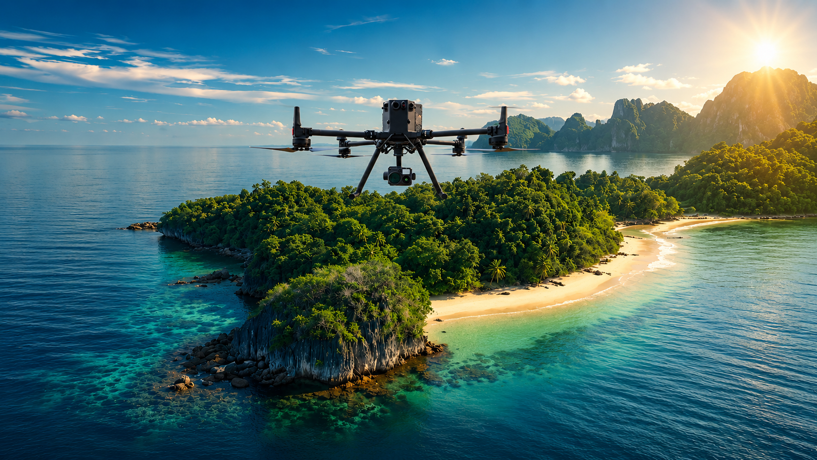 Professional survey drone flying over tropical coastline — Thulir Drones aerial survey services